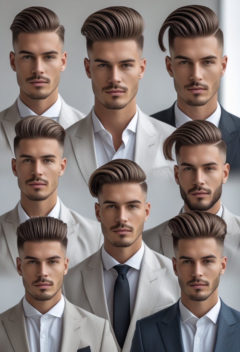 A group of men with neatly styled hair wearing suits in a bright studio.