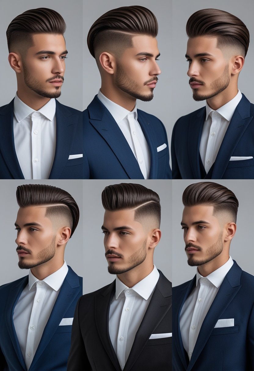 A group of men with neatly styled haircuts and formal clothing posing in a studio.