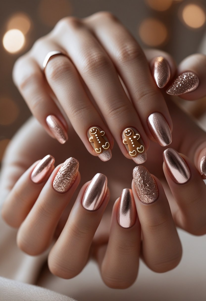 Close-up of hands with Christmas-themed nails featuring 3D gingerbread man designs and rose gold polish.