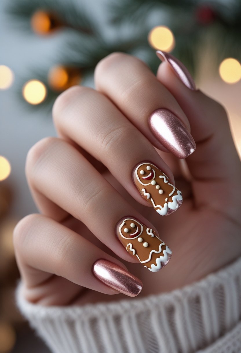 A close-up of a hand with Christmas-themed nails featuring 3D gingerbread man designs and rose gold polish.