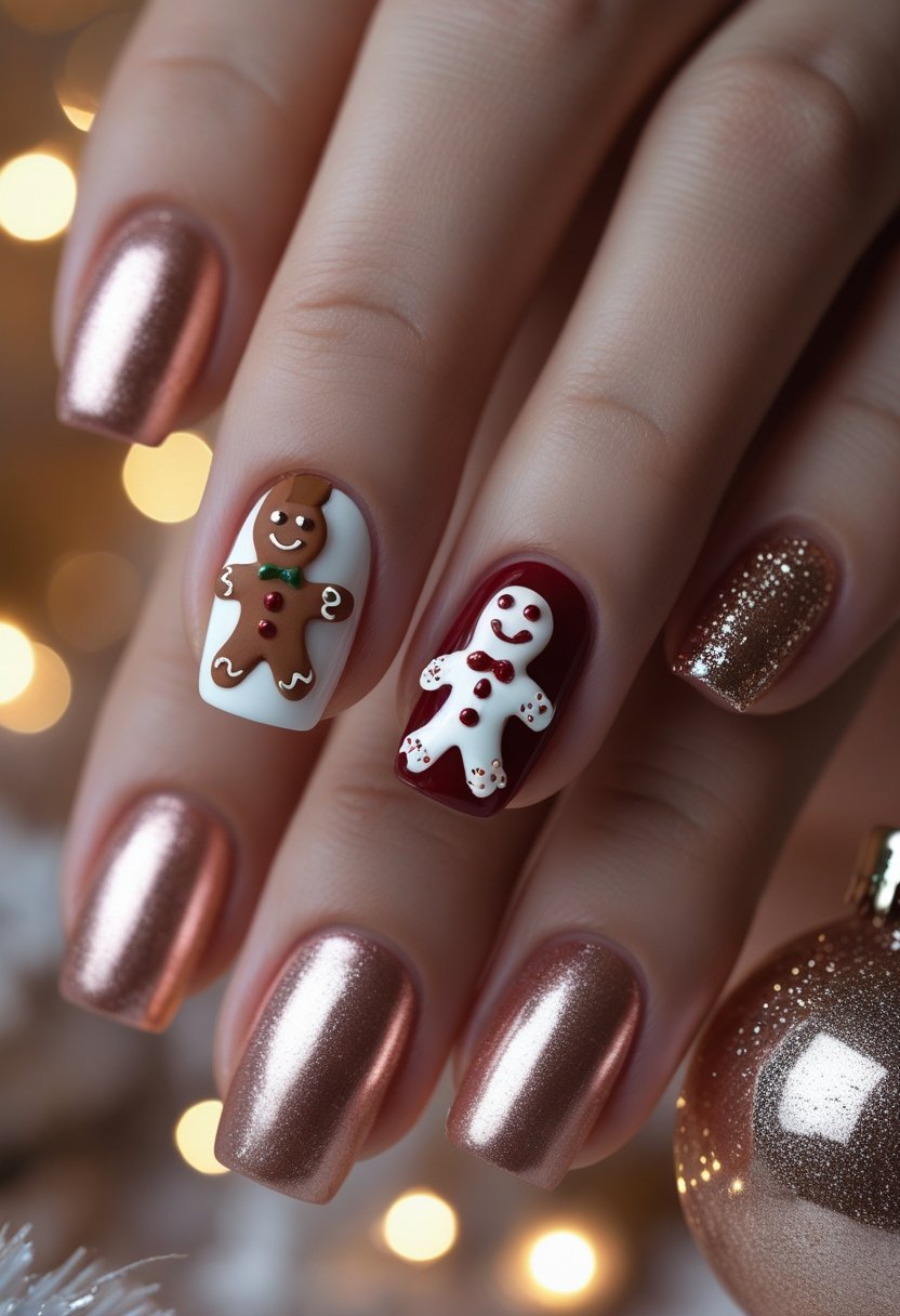 Close-up of hands with Christmas-themed nail art featuring 3D gingerbread men and rose gold painted nails.