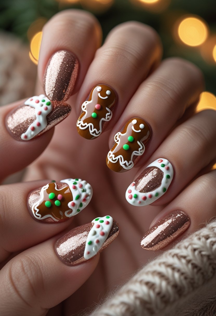 Close-up of hands with festive nails featuring 3D gingerbread man designs and rose gold accents.