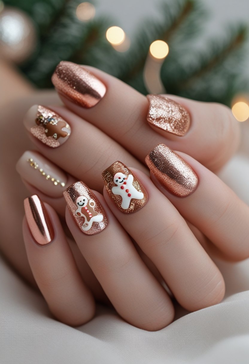 Close-up of hands with festive Christmas nails featuring 3D gingerbread men and rose gold accents.