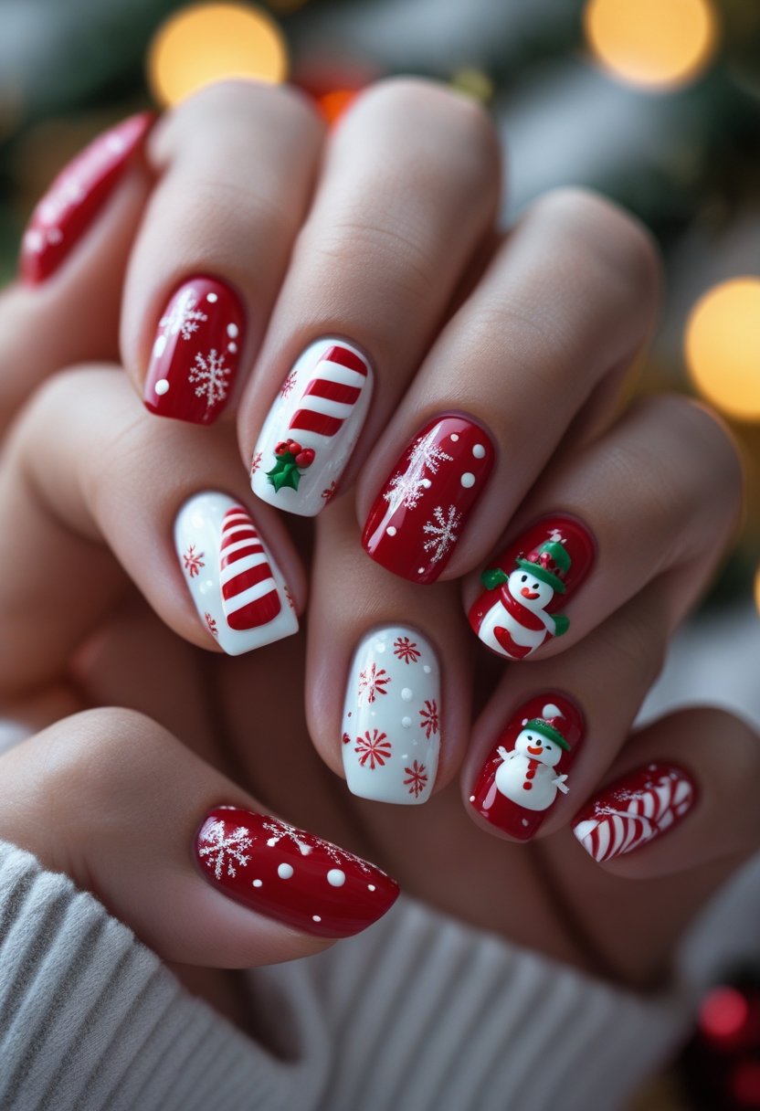 Close-up of hands with red and white candy cane striped nails and a 3D snowman decoration.