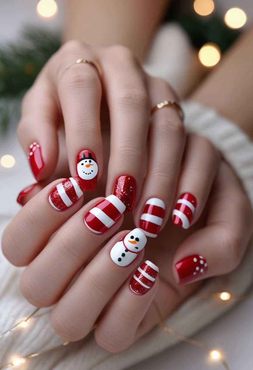 Close-up of hands with red and white candy cane striped nails and small 3D snowman decorations.