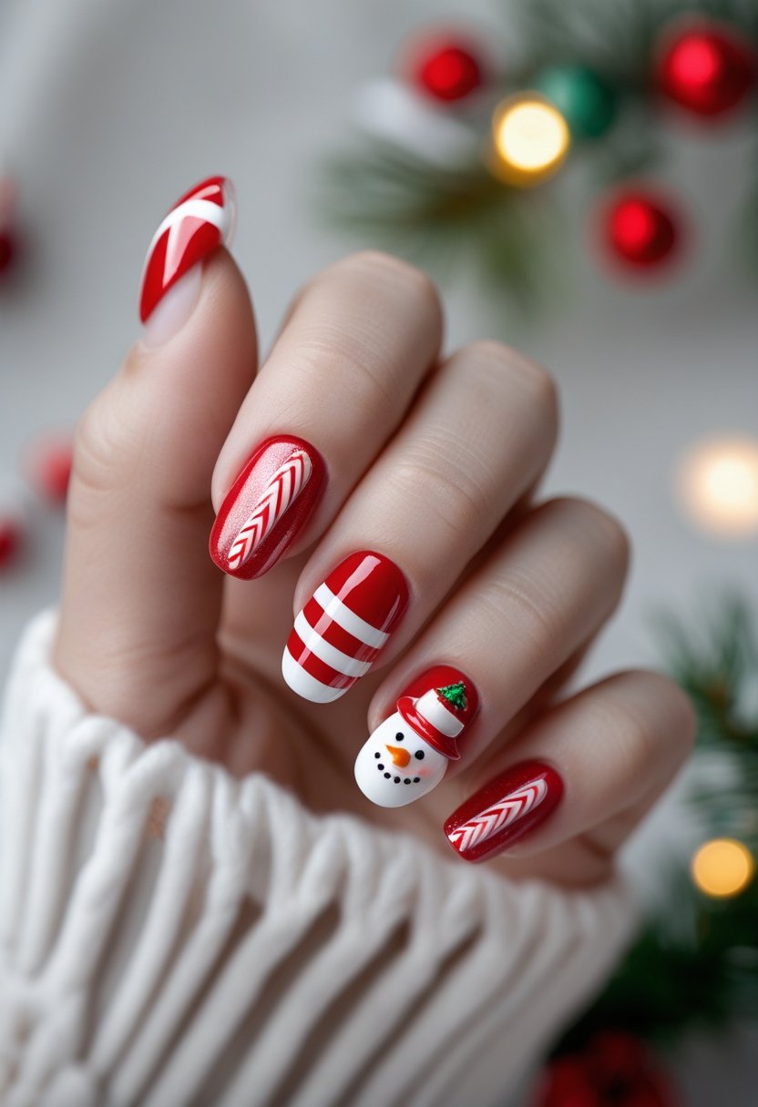 Close-up of hands with red and white candy cane striped nails and a 3D snowman decoration on one nail.