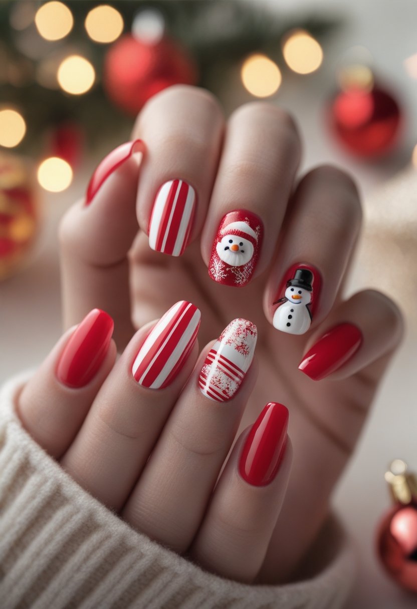 Close-up of hands with red and white candy cane striped nails and a 3D snowman decoration on one nail, surrounded by soft holiday lights.