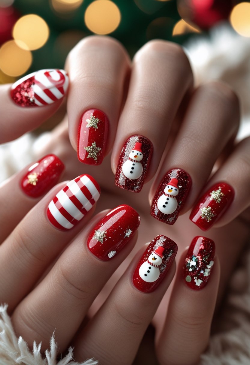 Close-up of hands with red and white striped Christmas-themed nails featuring glitter and 3D snowman accents.