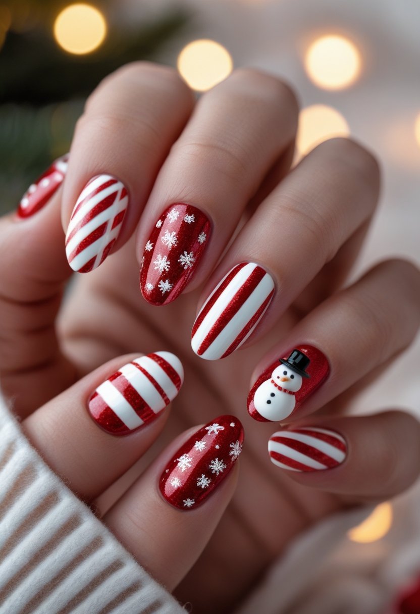 Close-up of hands with red and white candy cane striped nails and a 3D snowman decoration on one nail.