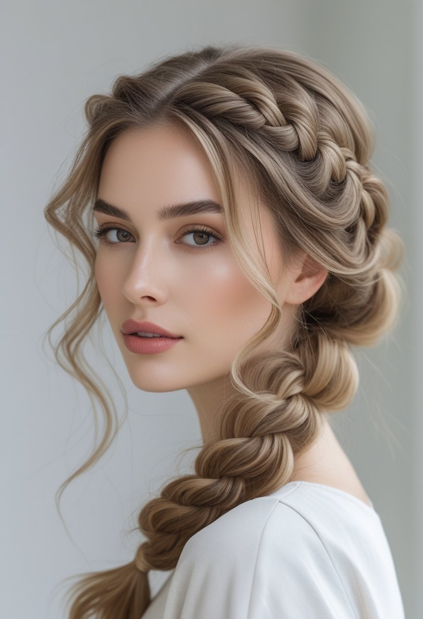 Portrait of a young woman with a loose braid and soft layers around her face, looking calmly at the camera.
