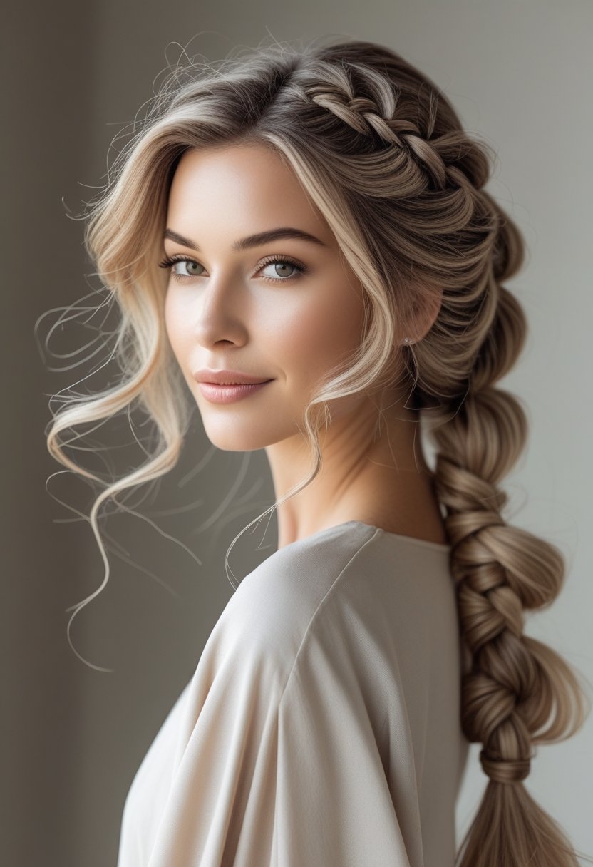 A woman with a loose braided hairstyle and soft layers around her face, looking serene against a neutral background.