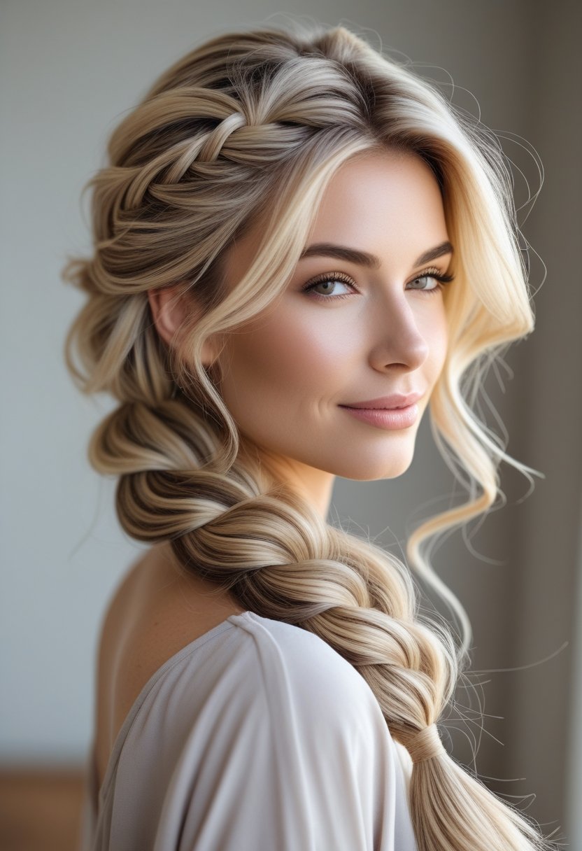 A woman with long blonde hair styled in a loose fishtail braid and soft layers framing her face.