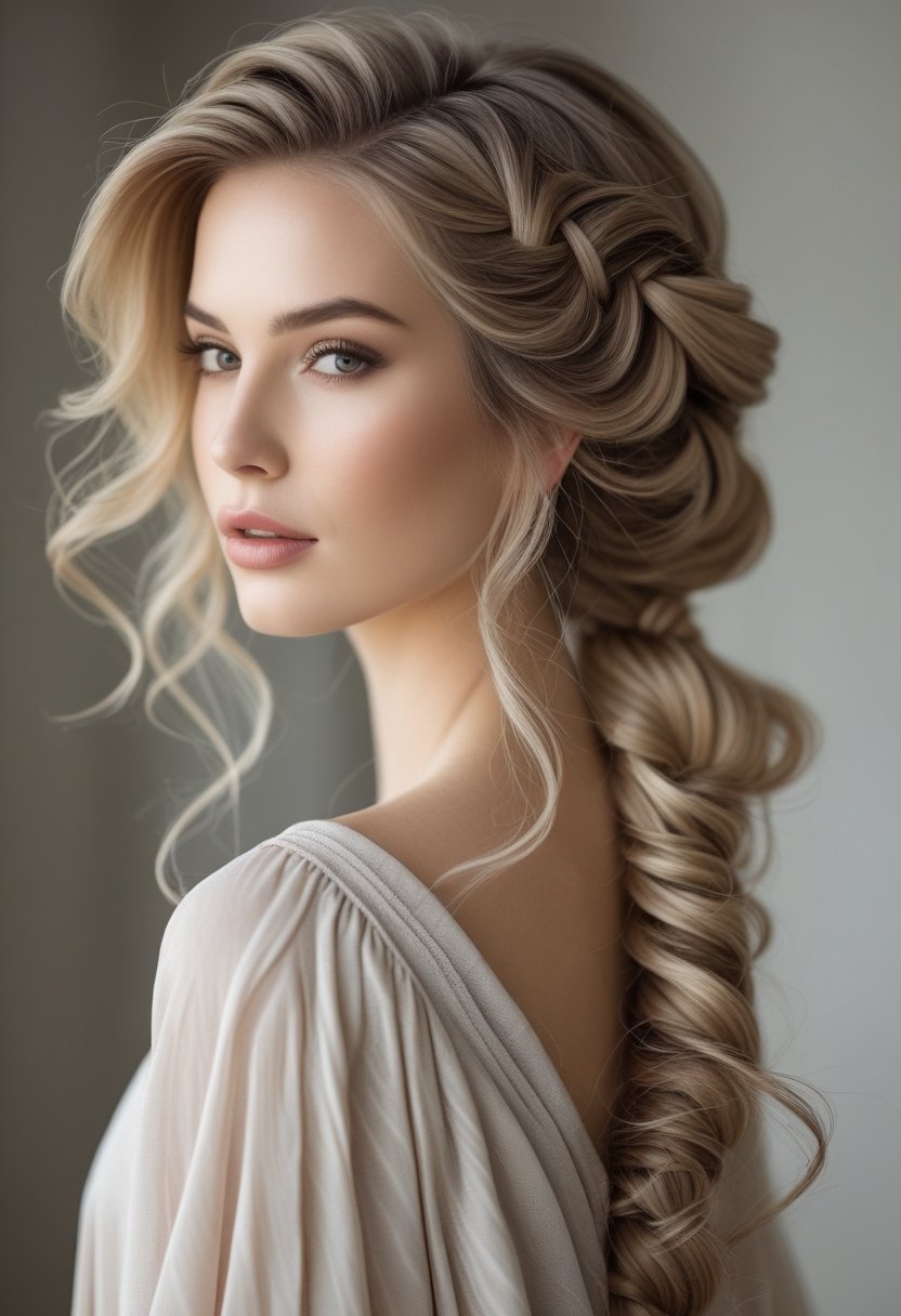 A young woman with a loose side braid and soft layers around her face, looking calm against a neutral background.