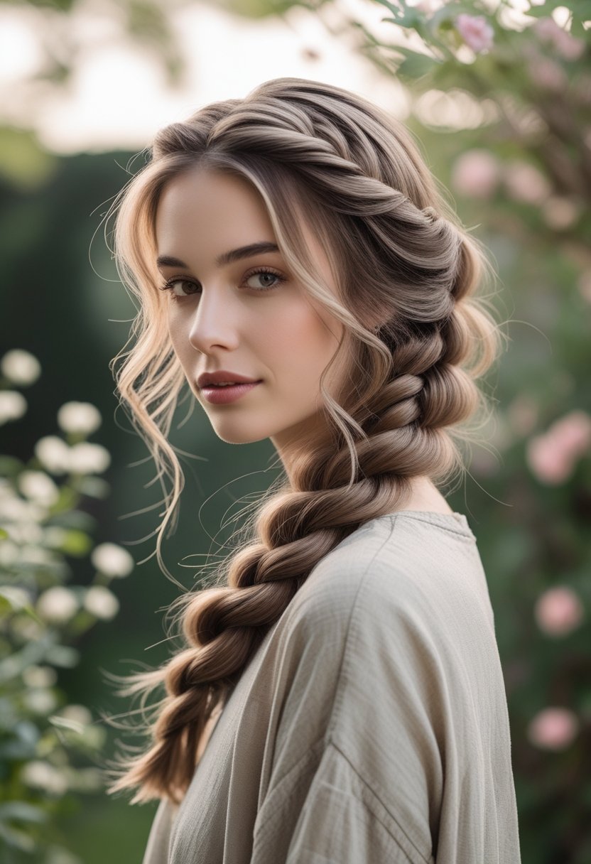 Young woman with a loose fishtail braid and soft face-framing layers in an outdoor garden setting.