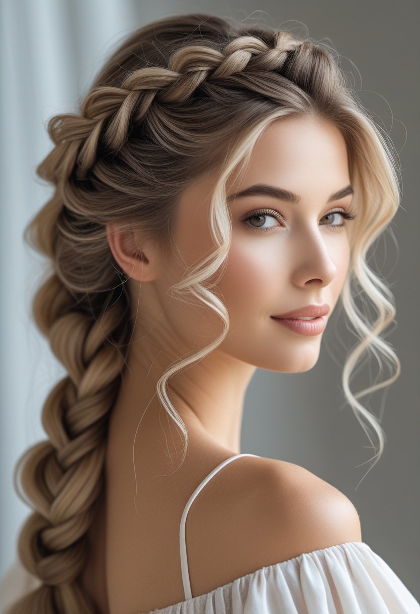 Portrait of a woman with a loose braided hairstyle and soft layers around her face.