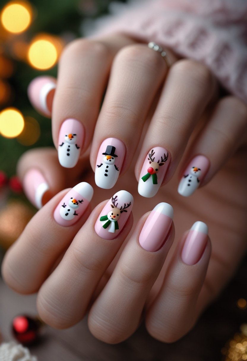 Close-up of hands with pink and white Christmas-themed nails featuring 3D snowman and reindeer designs.