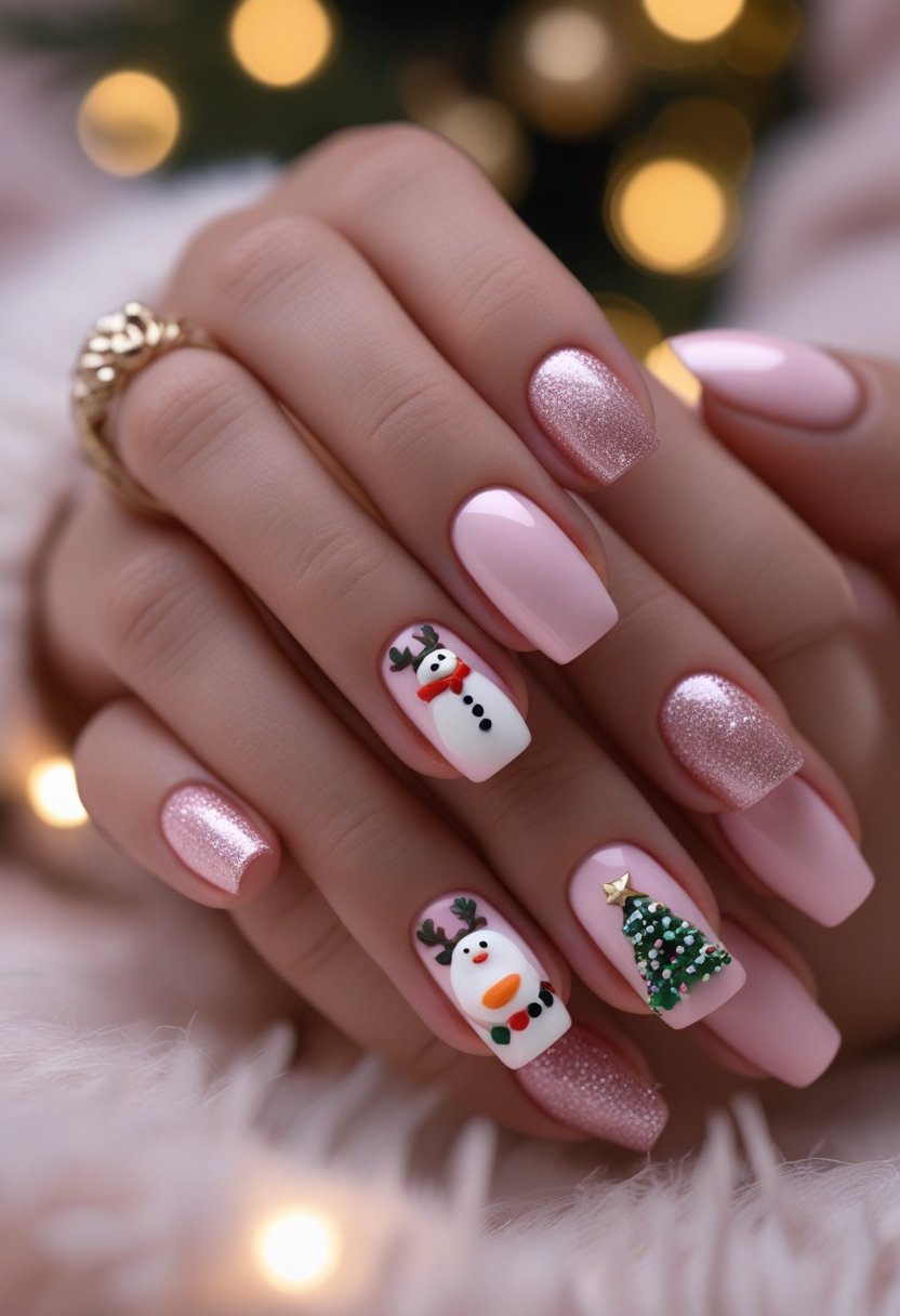 Close-up of hands with pink and white Christmas-themed nails decorated with 3D snowman and reindeer designs.