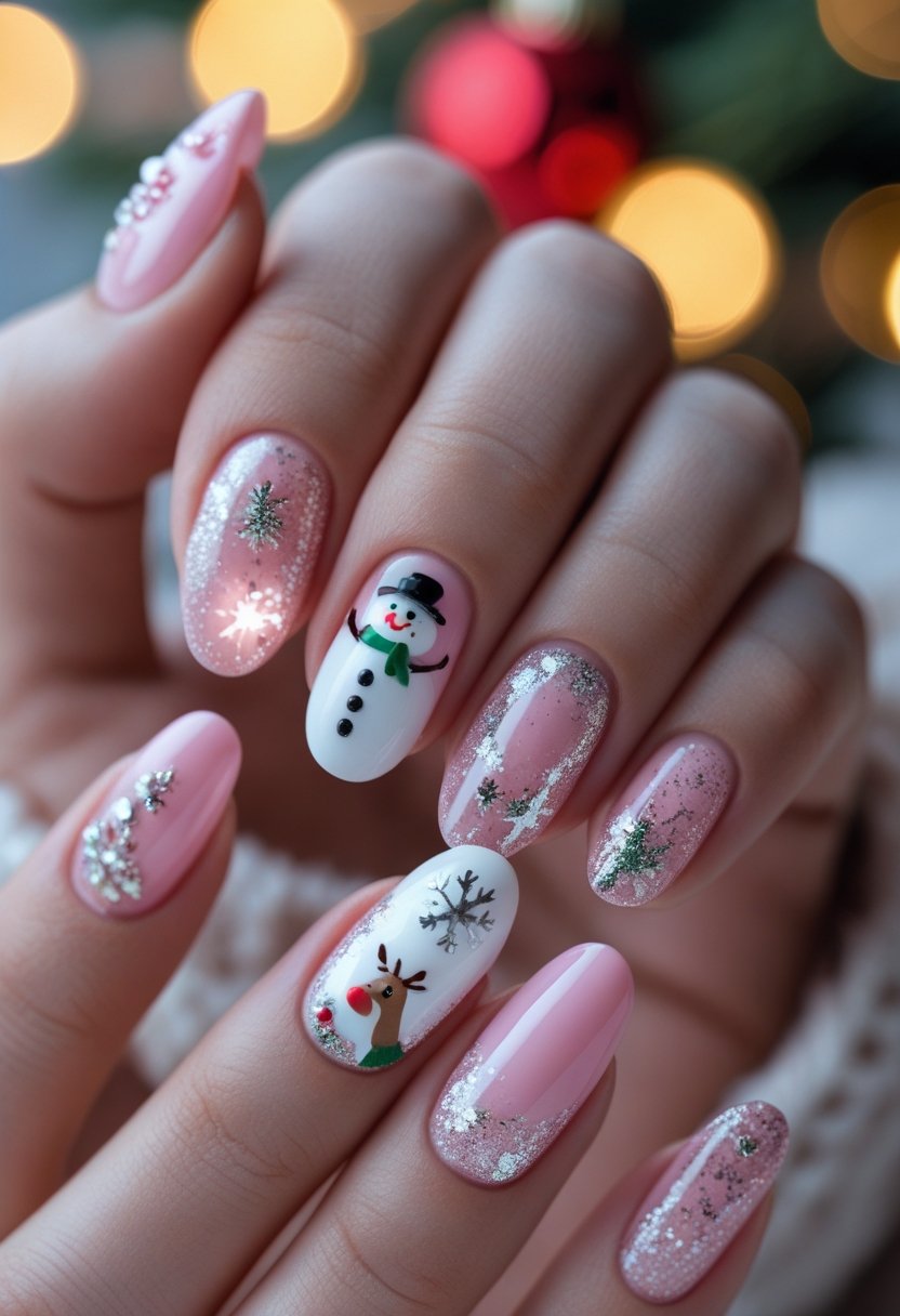 Close-up of hands with pink and white Christmas-themed nails decorated with 3D snowman and reindeer designs.