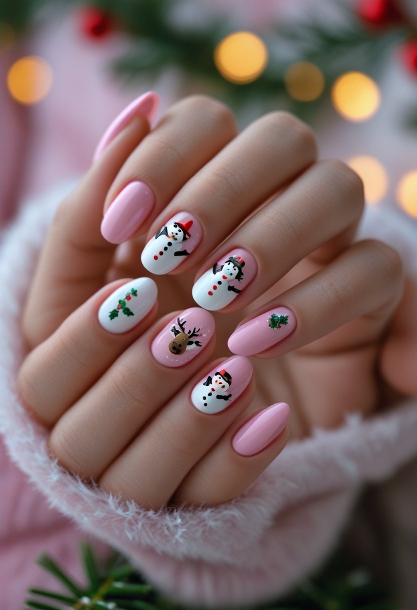 Close-up of hands with pink and white Christmas-themed nail art including 3D snowman and reindeer designs.