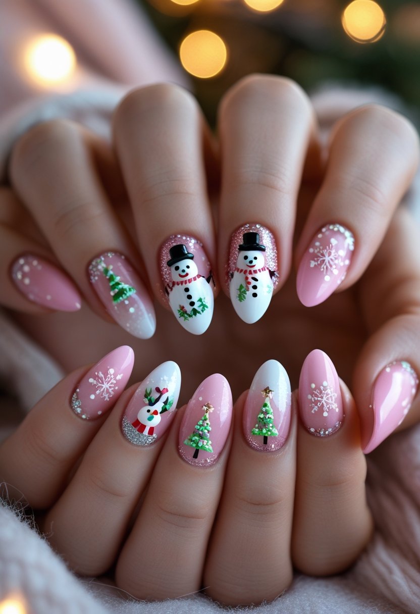 Close-up of hands with pink and white Christmas-themed nails decorated with 3D snowman and reindeer designs.