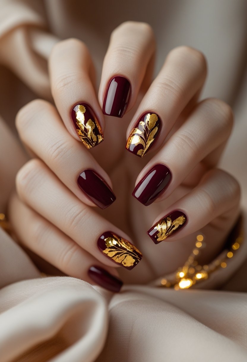Close-up of hands with deep burgundy nails decorated with gold foil accents.