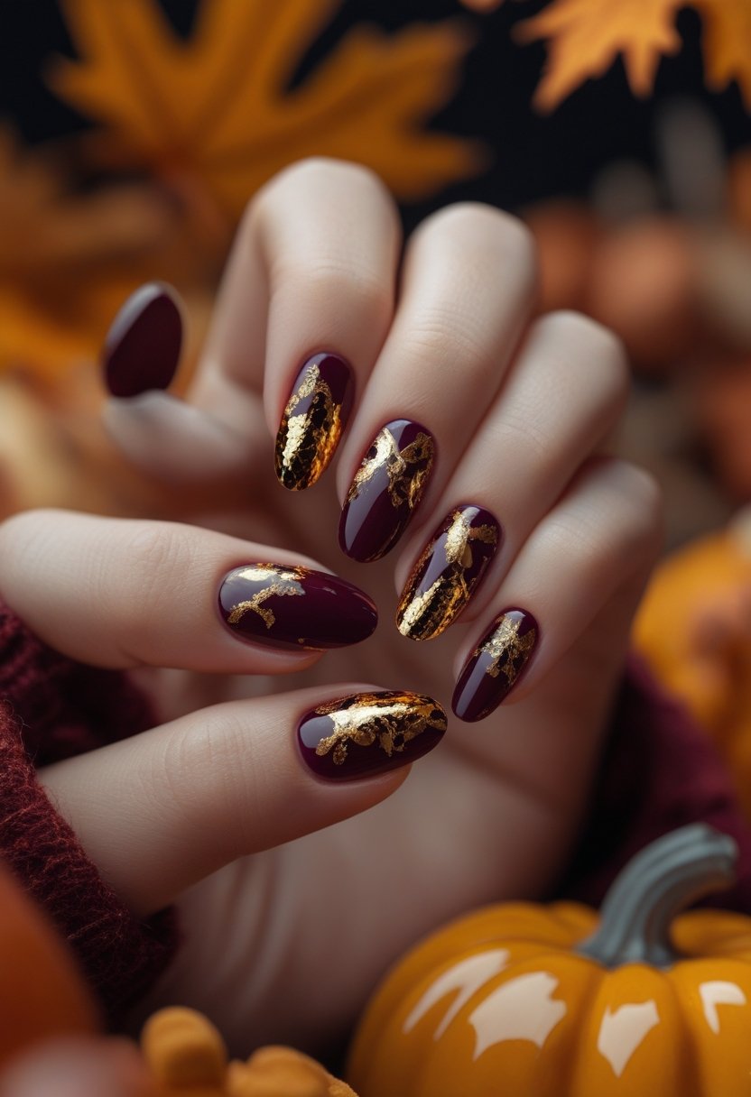 Close-up of hands with burgundy and gold nail designs against a warm autumn background.