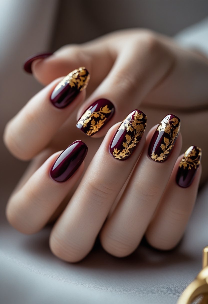 Close-up of a hand with burgundy nails decorated with gold foil accents.