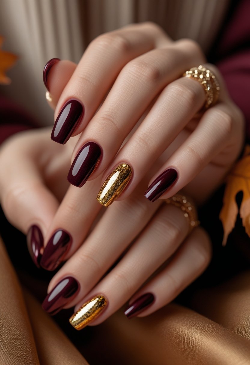 Close-up of hands with burgundy and gold foil decorated nails against a neutral background.