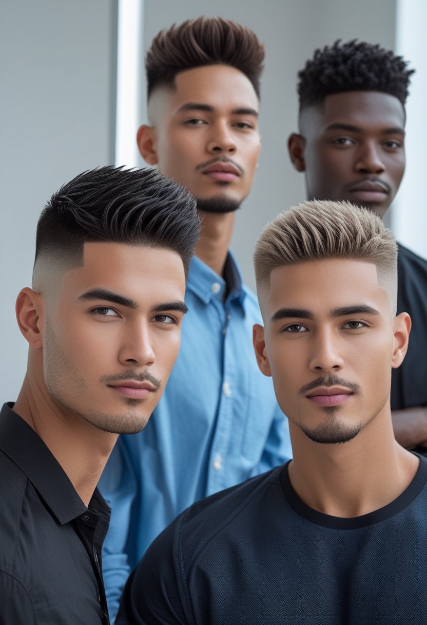 Four men with short haircuts posing together in a studio with neutral background.