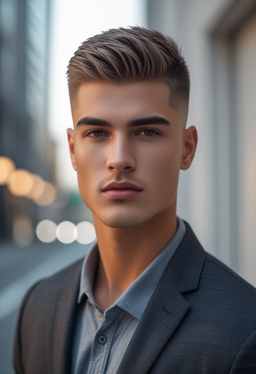 A young man with a short haircut standing confidently in an urban setting.