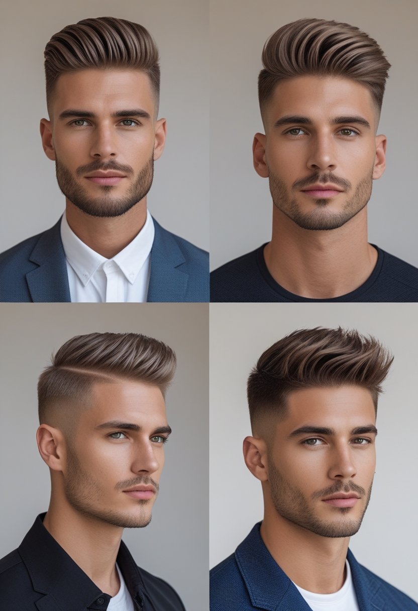 Four men with different short haircuts standing together against a plain background.