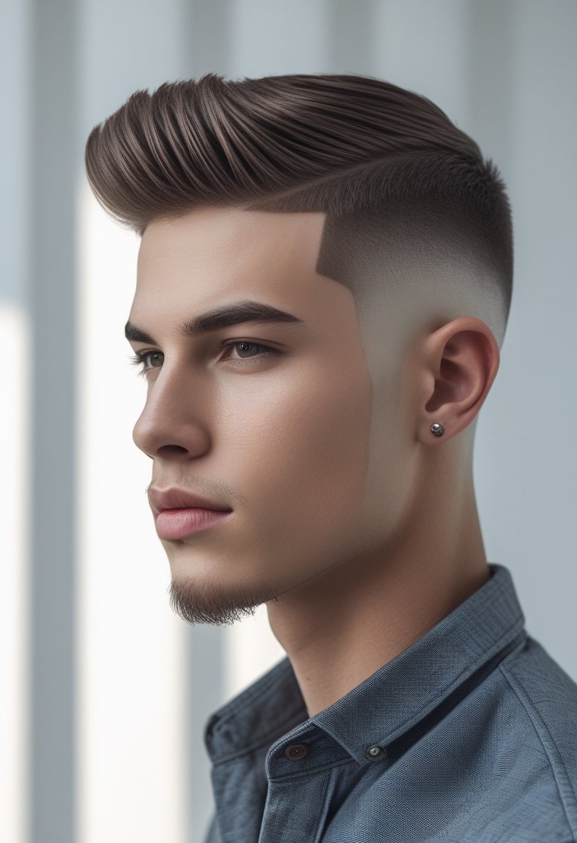 A young man with a neatly styled short haircut featuring fades and tapers, standing against a plain background.