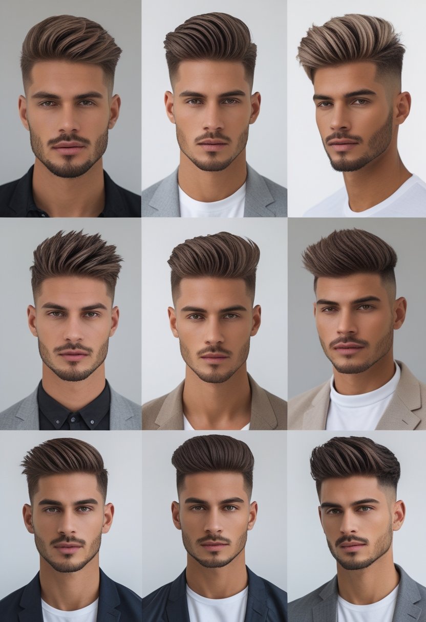 A group of men with different short haircuts posing in a bright studio setting.