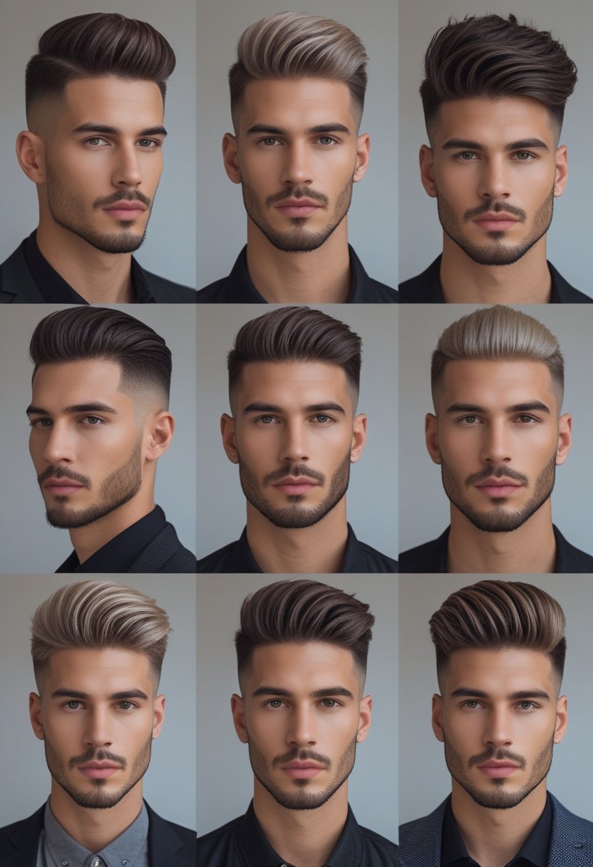 A group of men with different short haircuts and face shapes posing together against a plain background.
