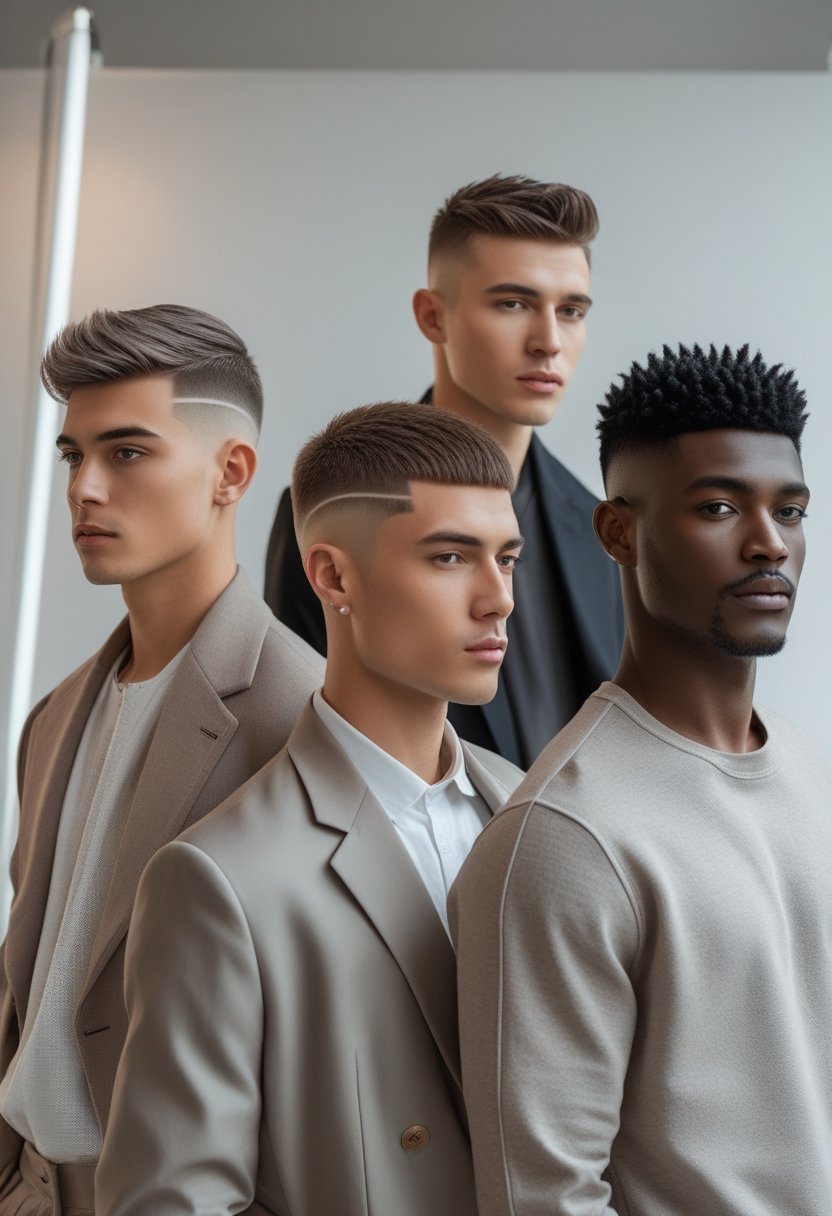 Four men with different short hairstyles standing together against a plain background.