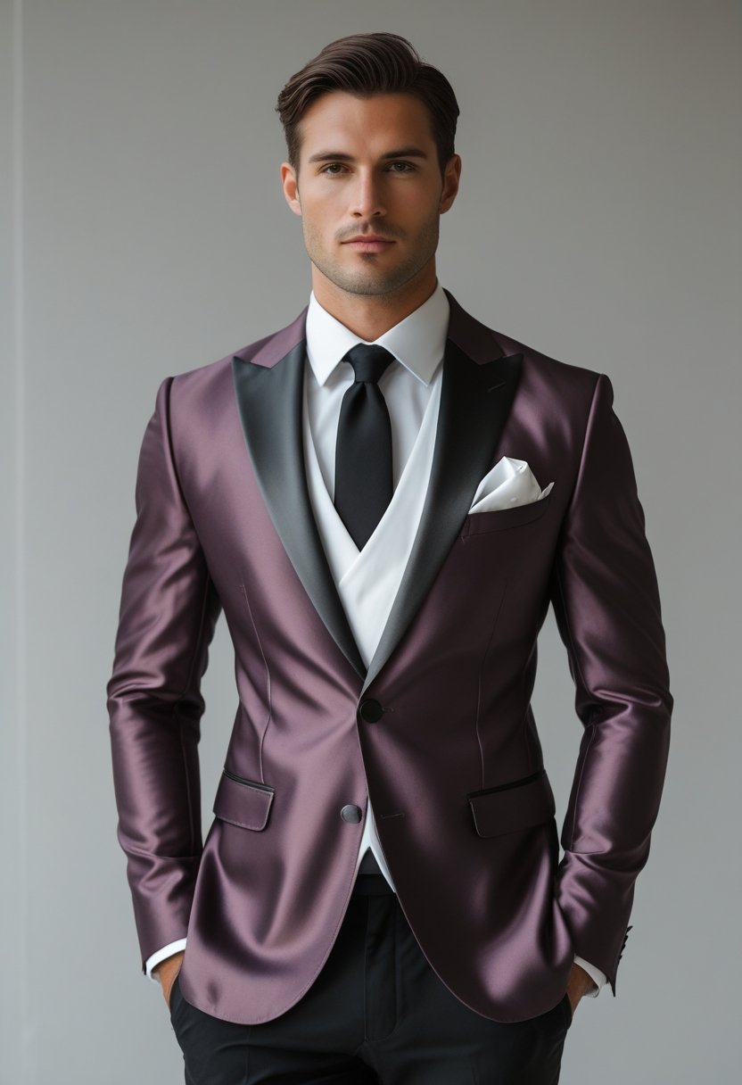 A man wearing a satin-finish blazer, black tie, and white pocket square, standing against a plain background.