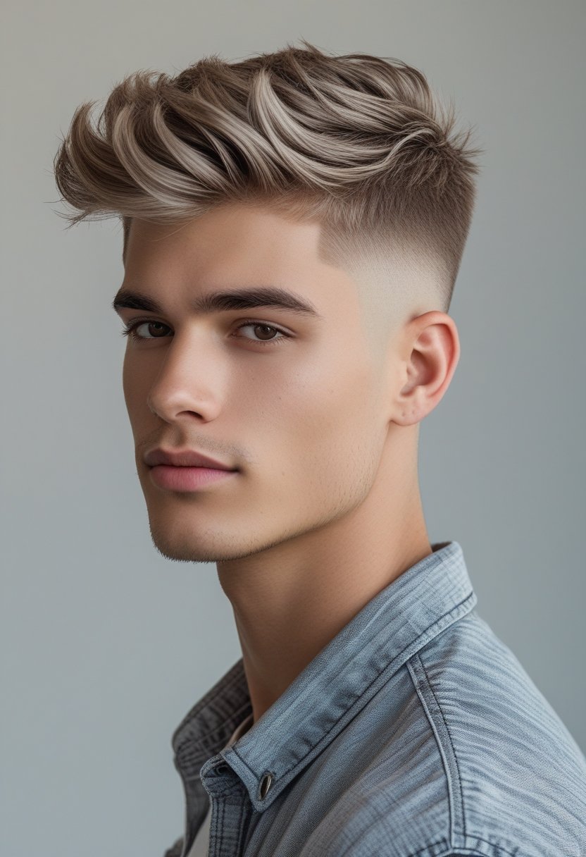 Young man with a modern haircut smiling against a plain background.