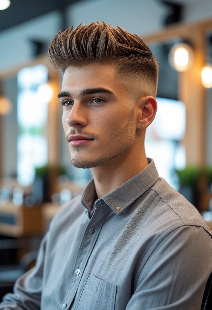 A young man sitting in a barbershop with a fresh haircut, looking confident and relaxed.