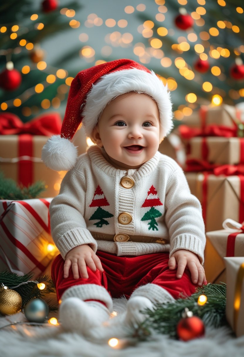 A baby wearing a Santa hat and sweater sitting among Christmas decorations and wrapped gifts.