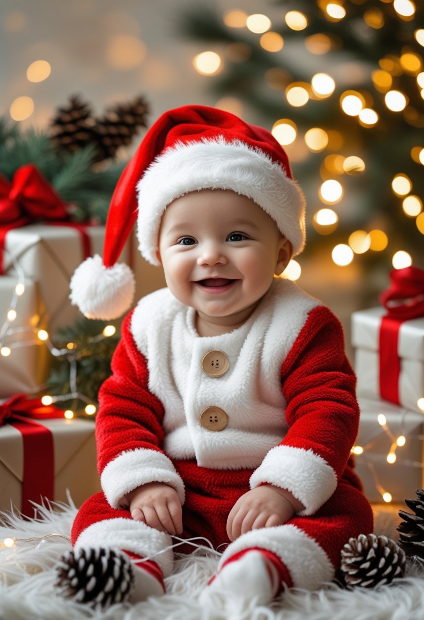 A smiling baby in a red and white Christmas outfit sitting among holiday decorations including wrapped presents, pine branches, and twinkling lights.