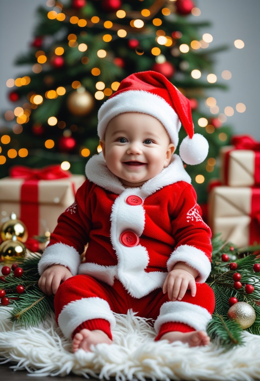 A smiling baby dressed in a Santa outfit sitting on a white blanket surrounded by Christmas decorations and a decorated Christmas tree in the background.