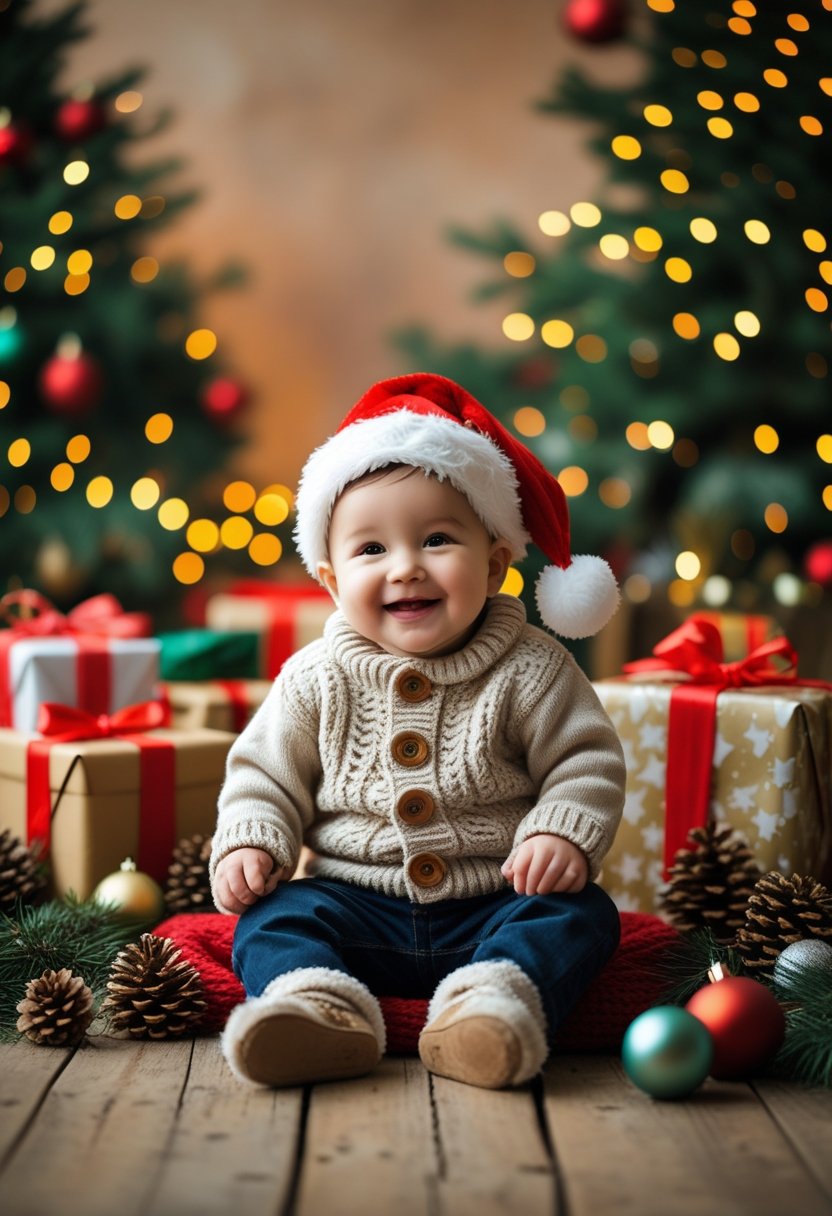 A baby wearing a Santa hat and sweater sitting among Christmas decorations with lights and wrapped gifts.