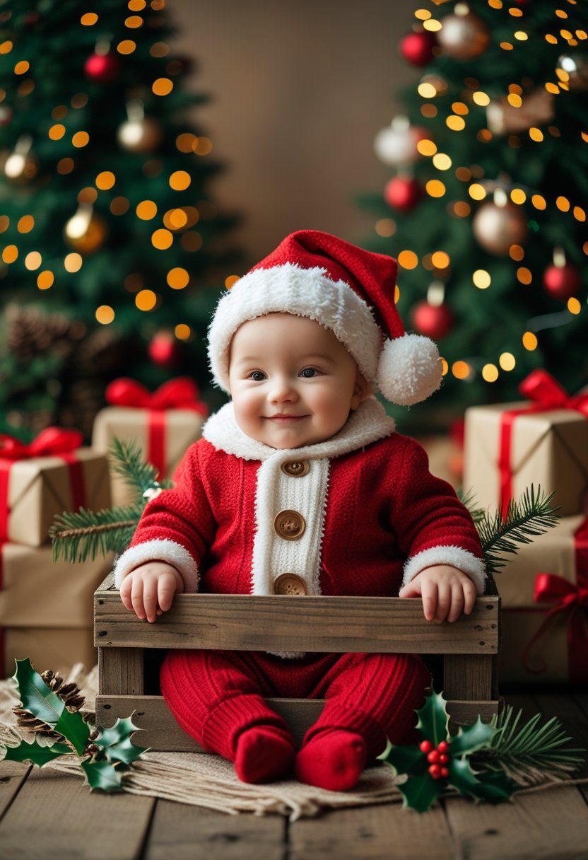 A baby in a red and white Christmas outfit sitting in a wooden crate surrounded by holiday decorations and a decorated Christmas tree.