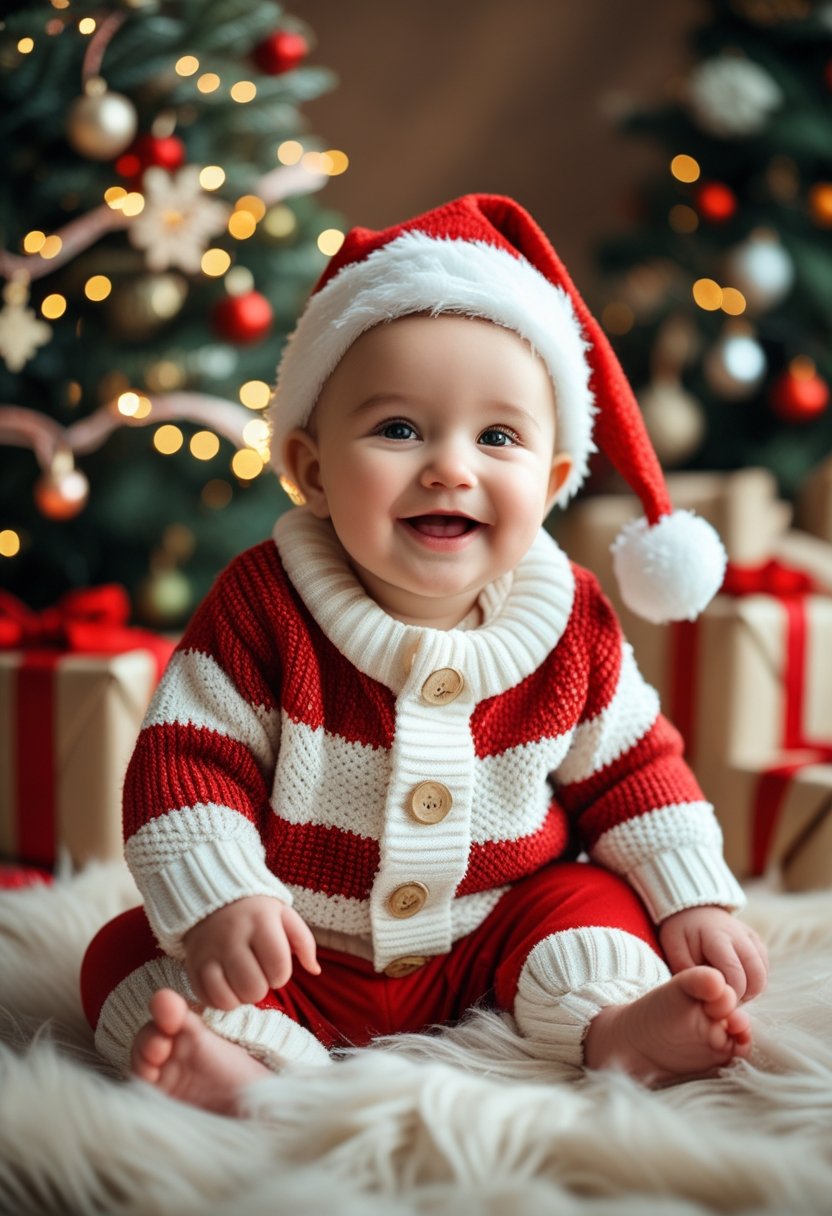 A baby wearing a Santa hat and festive sweater sitting near a decorated Christmas tree with lights and presents.