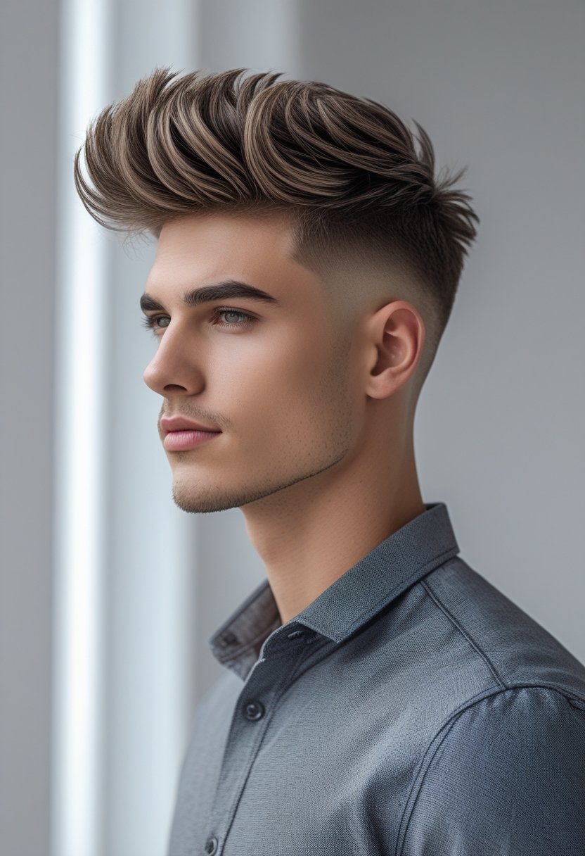 A young man with a neatly styled quiff hairstyle wearing a smart casual outfit, looking confidently to the side against a plain background.