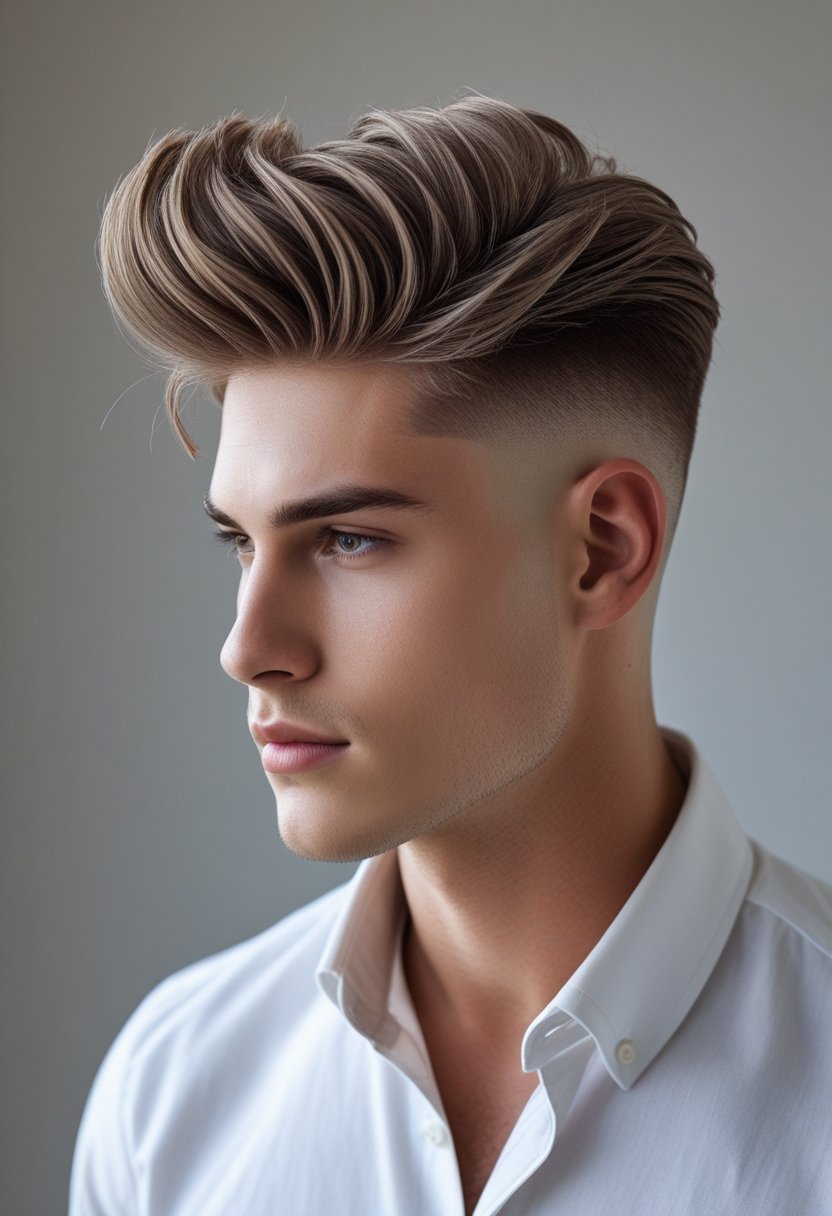 A young man with styled hair wearing a white shirt against a blurred neutral background.