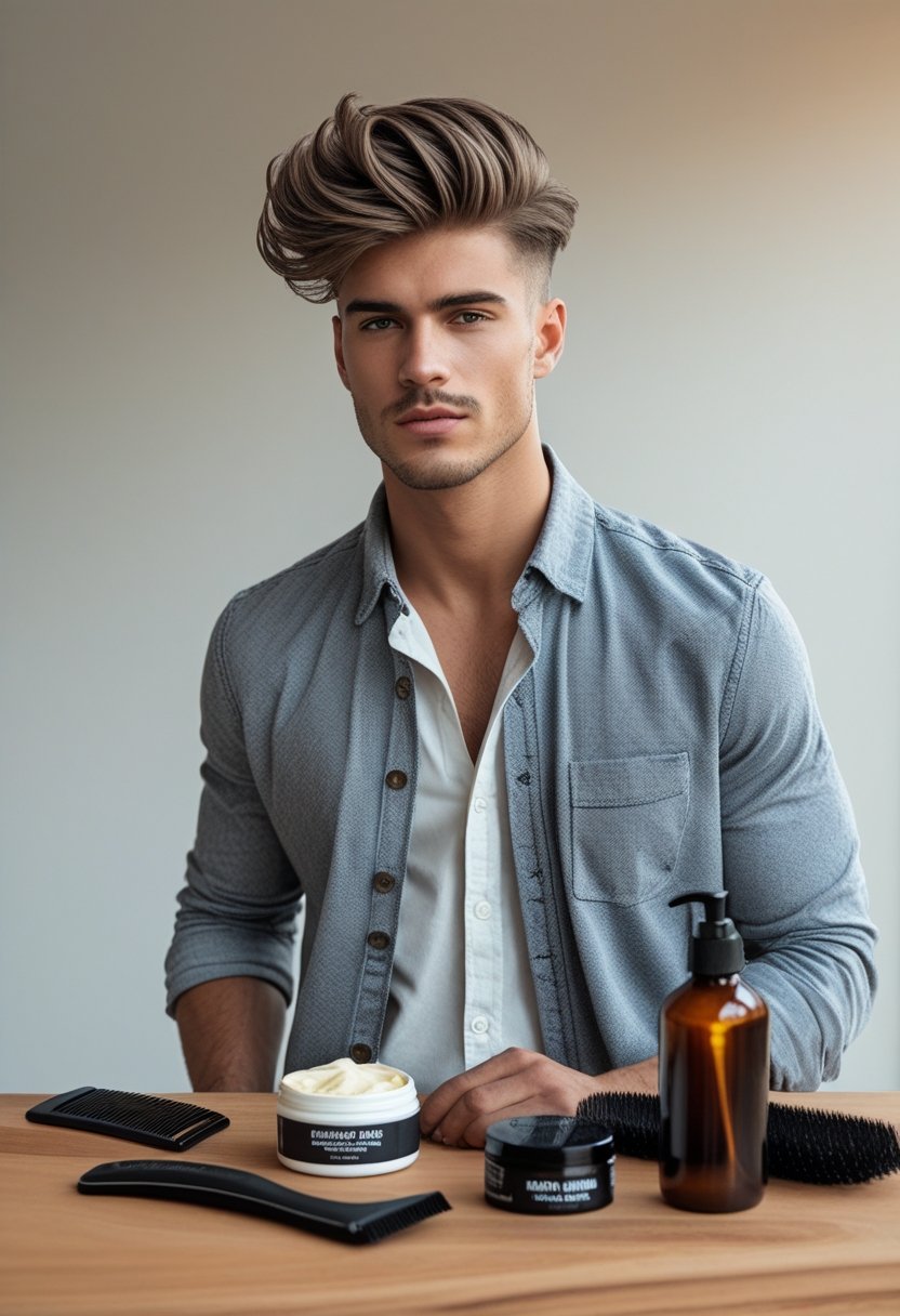 A young man with styled hair standing next to grooming tools and hair products on a wooden surface.
