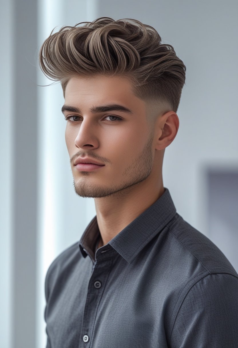 A young man with neatly styled hair posing in a bright studio with a neutral background.
