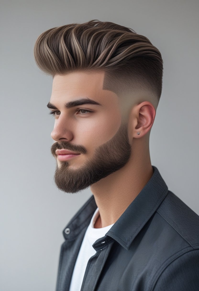 A young man with a neatly styled haircut and beard standing against a plain background.