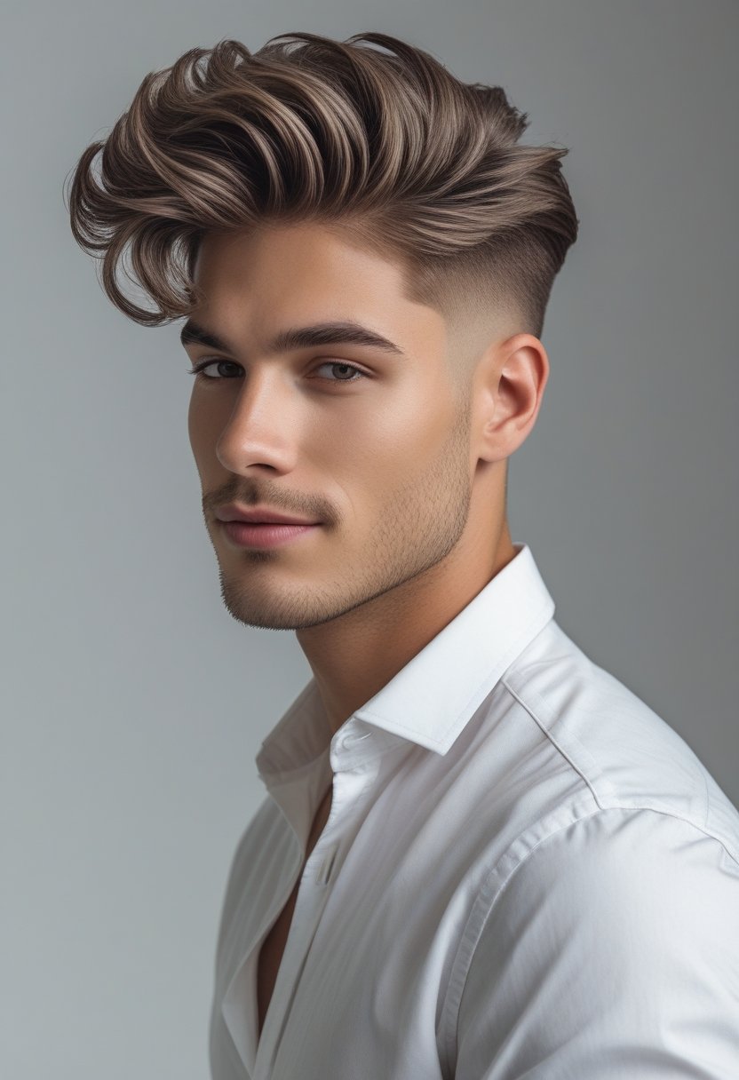A young man with a neatly styled quiff hairstyle, wearing a white shirt, looking confidently toward the camera against a plain background.